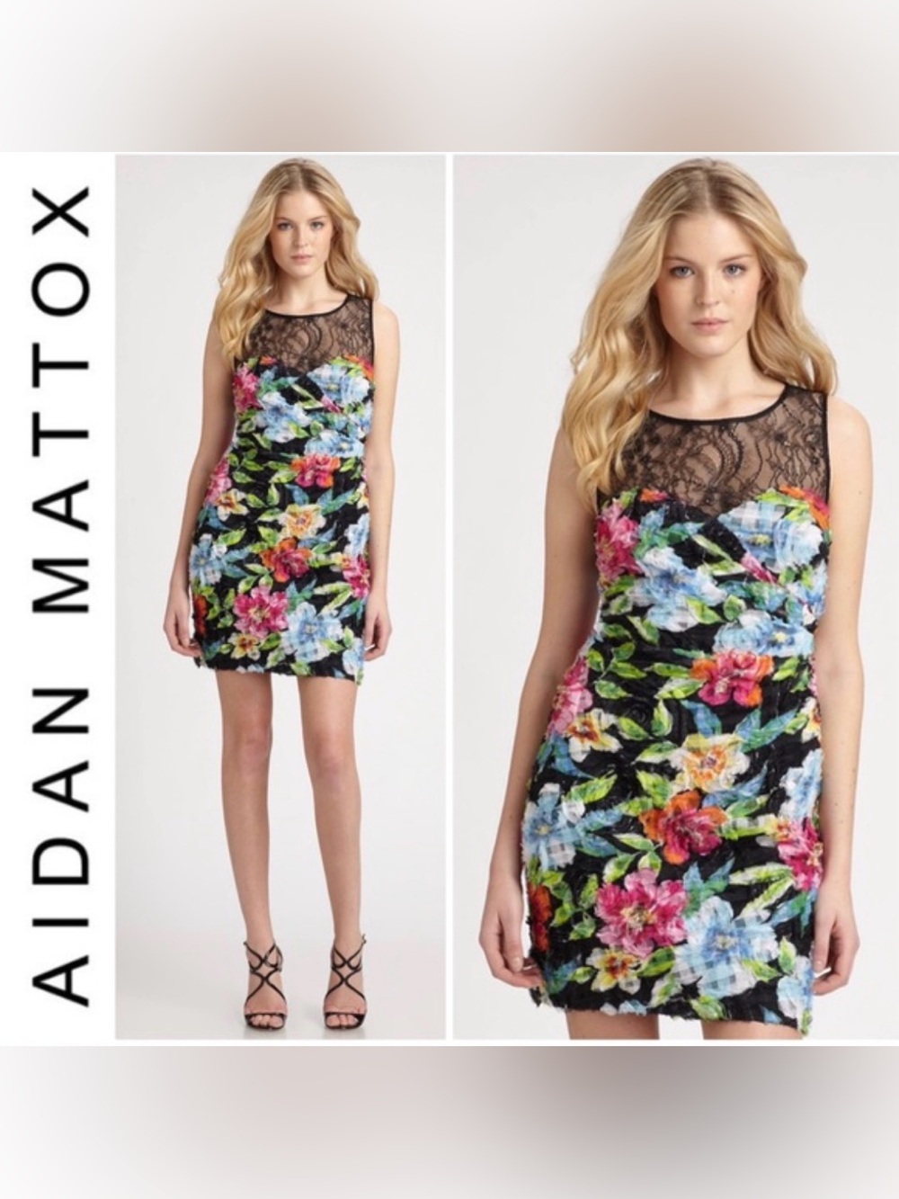 AIDAN MATTOX Black Multi Lace Mesh Tulle 3D Floral Sheath Cocktail Dress Size 12